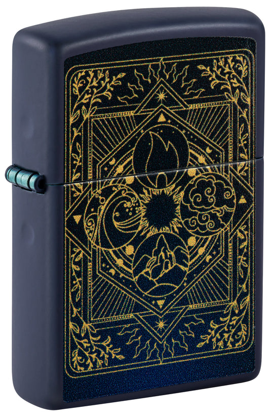 Front view of Zippo Elements Design Navy Matte Windproof Lighter standing at a 3/4 angle.