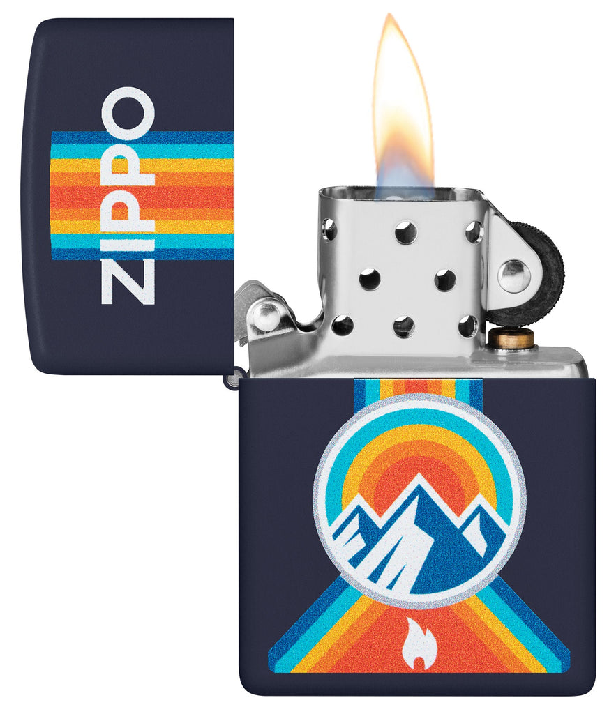Zippo Logo Mountain Outdoor Logo Navy Matte Windproof Lighter with its lid open and lit.
