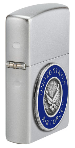 Angled shot of Zippo United States Air Force™ Emblem Satin Chrome Windproof Lighter showing the front and hinge side of the lighter.