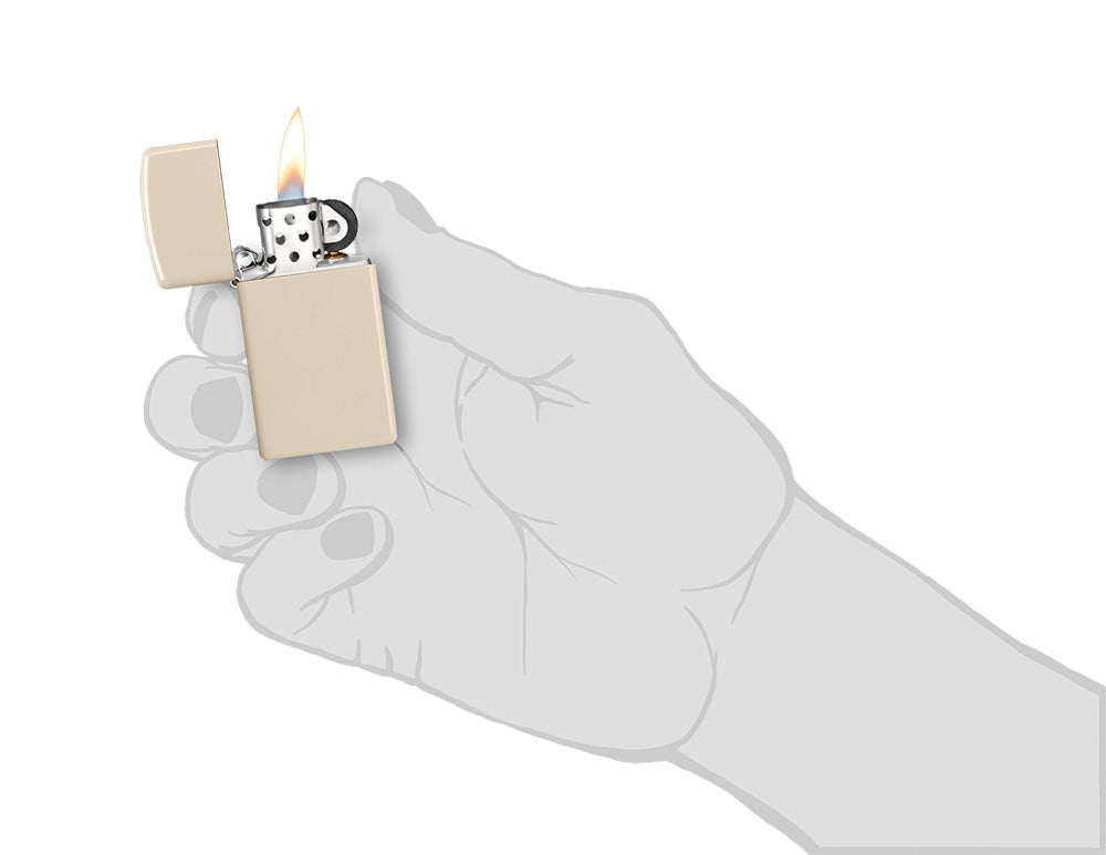 Slim® Flat Sand Windproof Lighter lit in hand.