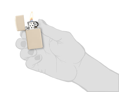 Slim® Flat Sand Windproof Lighter lit in hand.