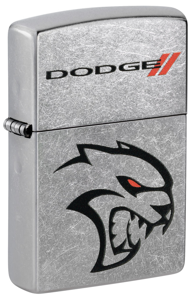 Front shot of Zippo Dodge Street Chrome Windproof Lighter standing at a 3/4 angle.