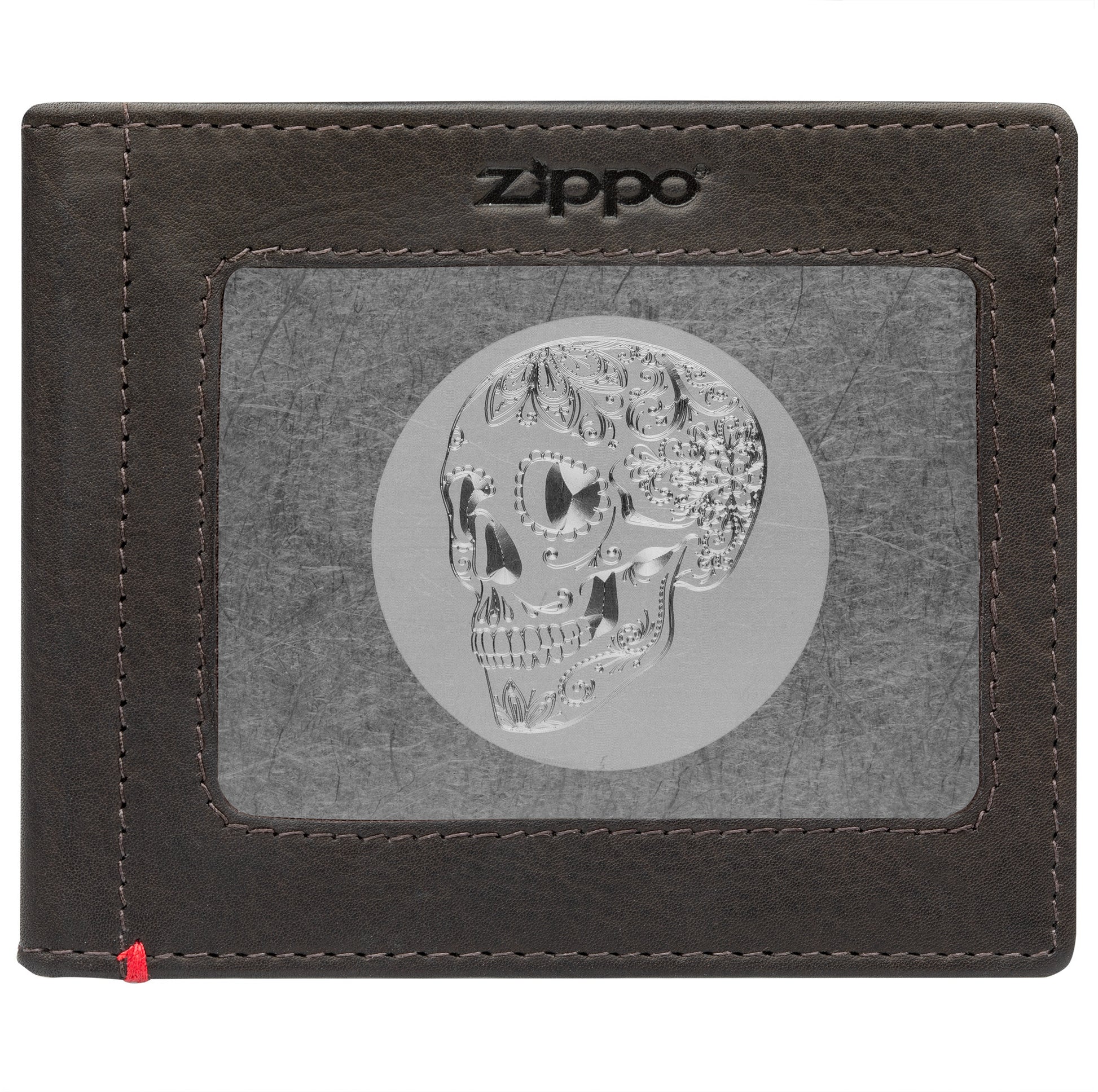 Front of mocha Leather Wallet With Skull Metal Plate - ID Window