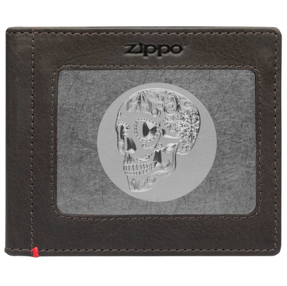 Front of mocha Leather Wallet With Skull Metal Plate - ID Window