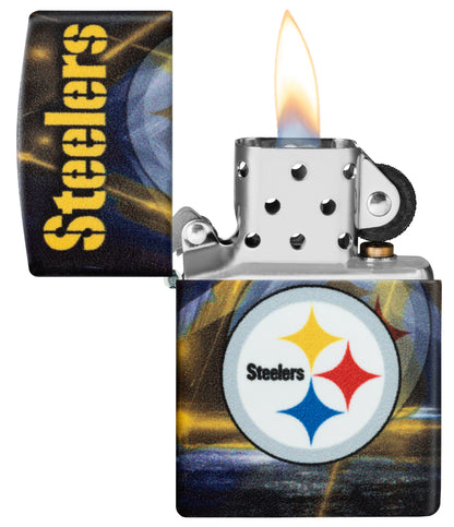 Zippo NFL Pittsburgh Steelers 540 Matte Windproof Lighter with its lid open and lit.