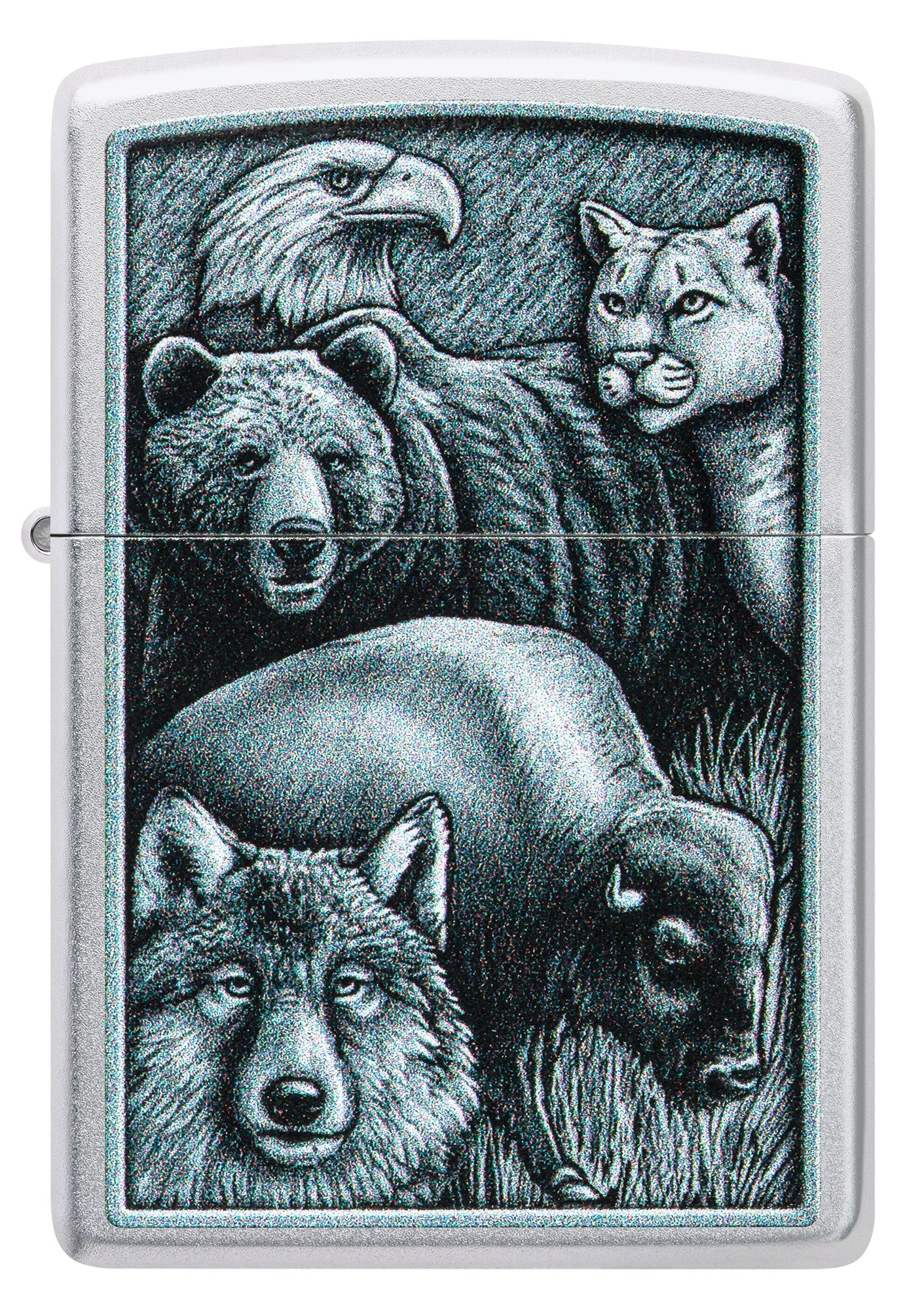 Front view of Zippo Animal Kingdom Design Satin Chrome Windproof Lighter.