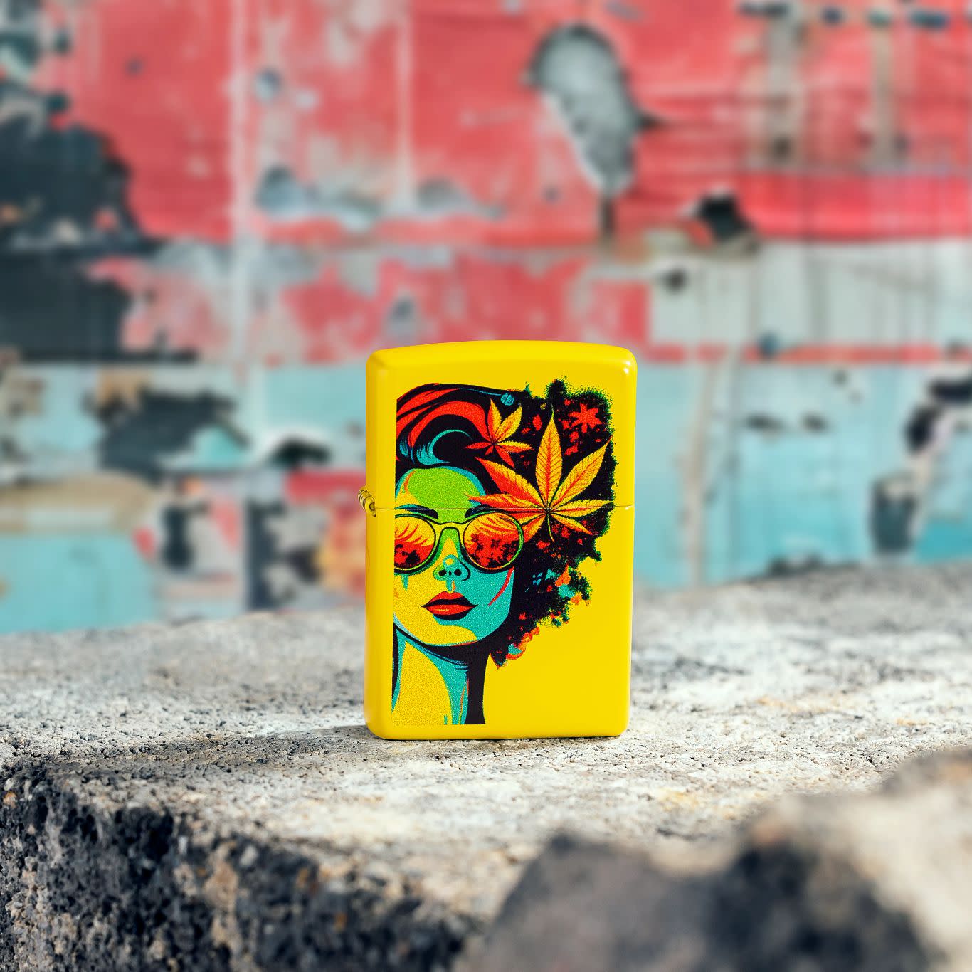 Lifestyle image of Zippo Blazing Beauty Design Sunflower Windproof Lighter standing on a cement block in front of a graffiti covered wall.
