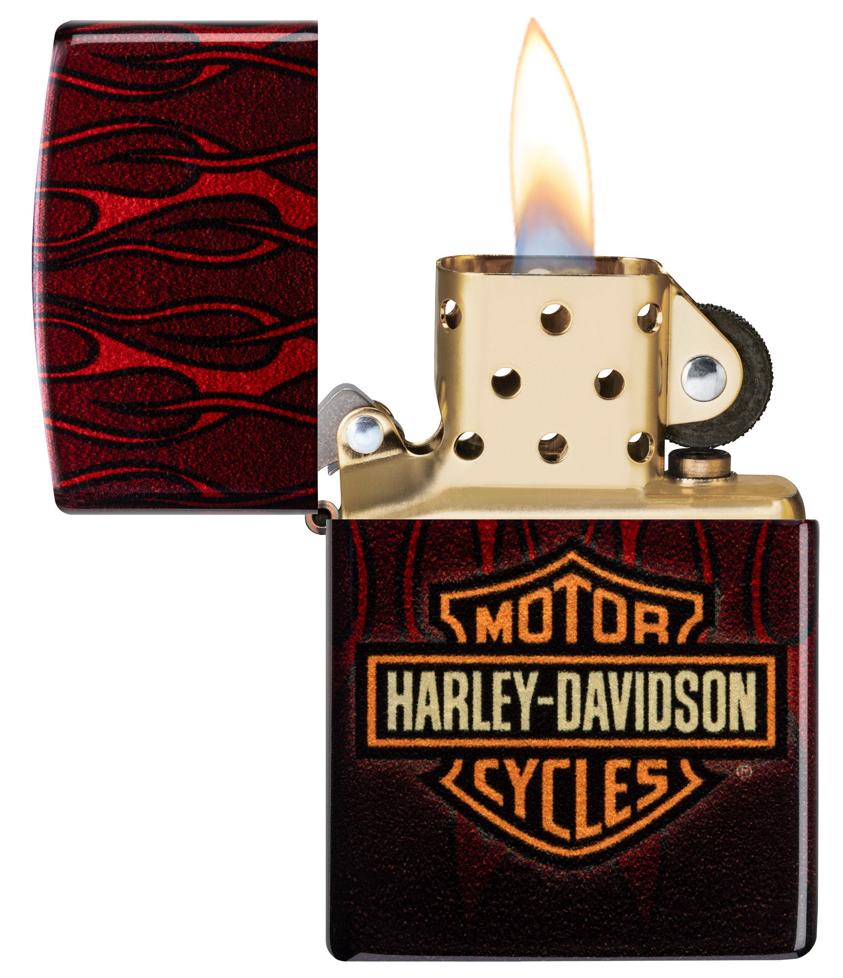 Zippo Harley-DavidsonÂ® 540 Tumbled Brass Windproof Lighter with its lid open and lit.