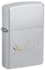 Front shot of Zippo Love Design Satin Chrome Windproof Lighter standing at a 3/4 angle.