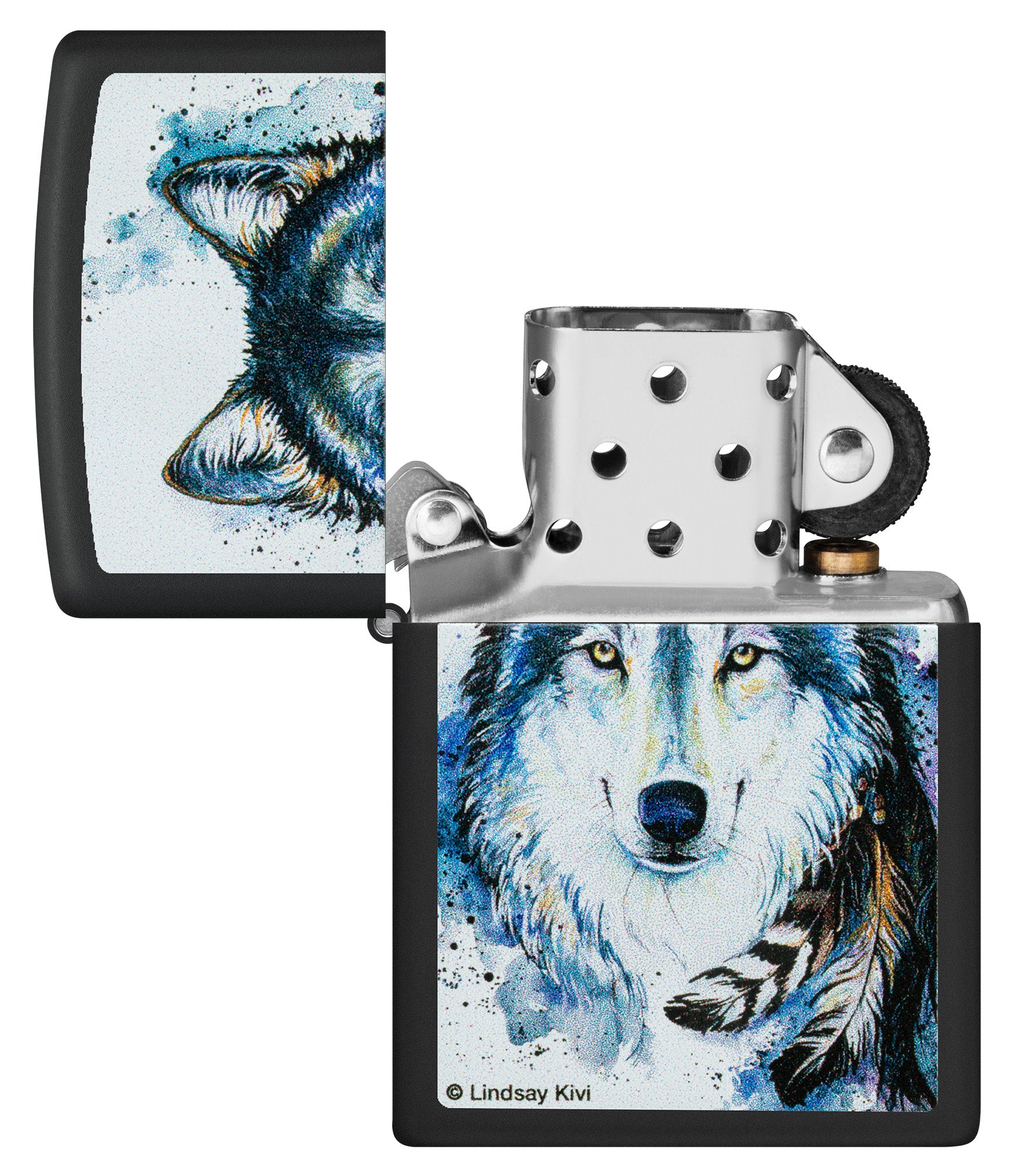 Zippo Lindsay Kivi Black Matte Windproof Lighter with its lid open and unlit.