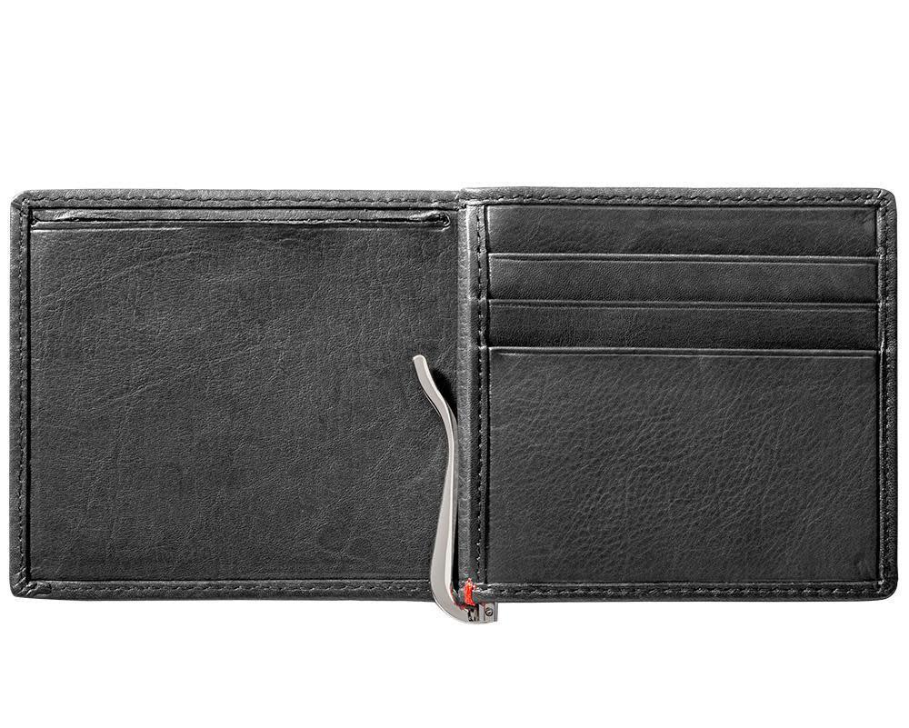 Black Leather Wallet With Skull Metal Plate money clip inside empty