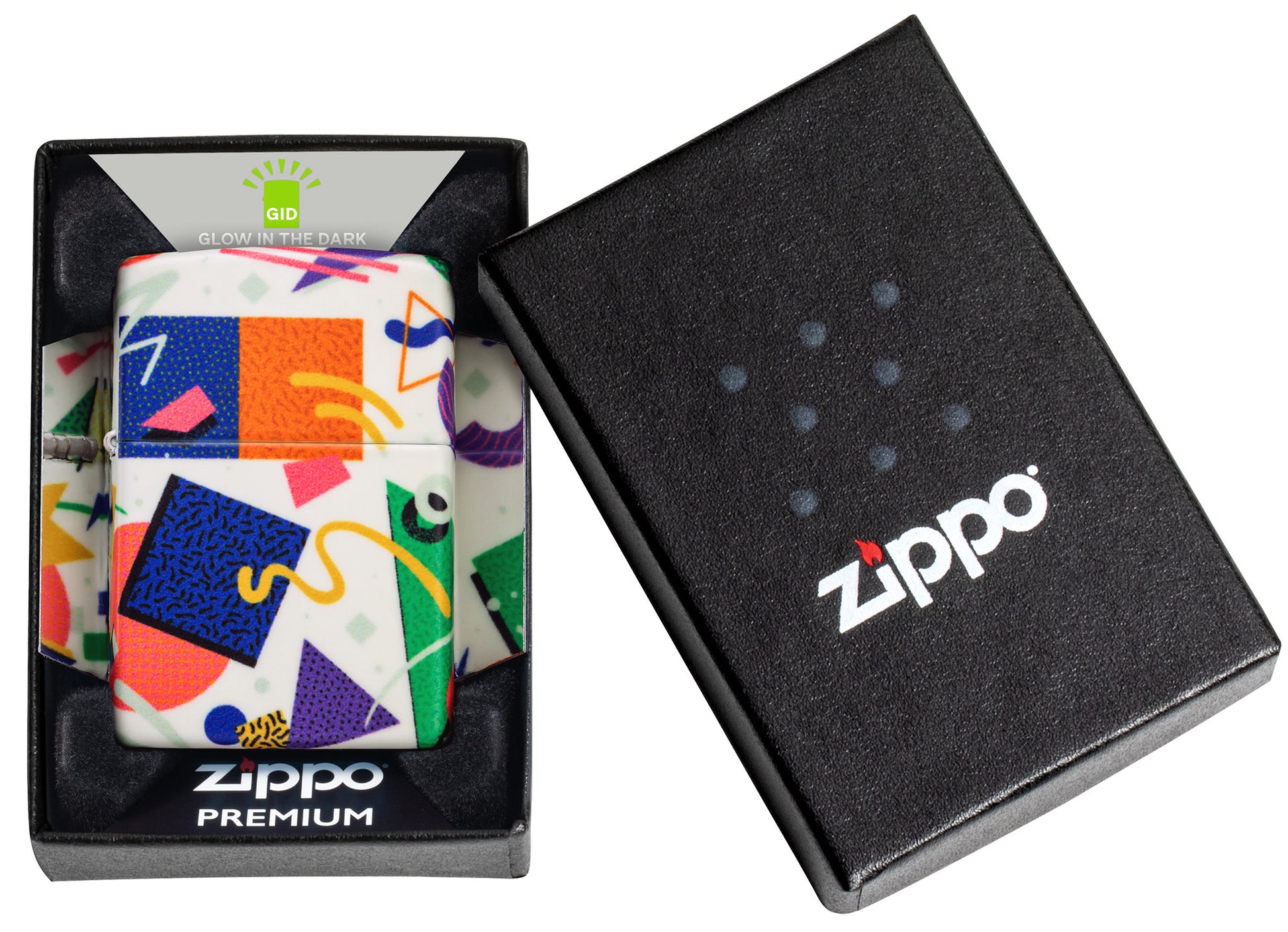 Zippo Throwback Pattern Design 540 Color Glow in the Dark Windproof Lighter in its packaging.