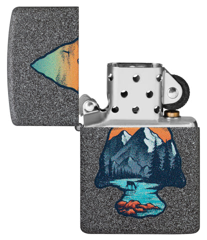 Zippo Mountain Design Iron Stone Windproof Lighter with its lid open and unlit.