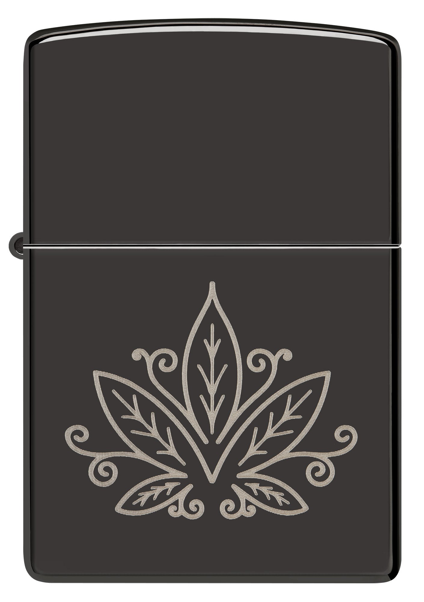 Front view of Zippo Cannabis Design High Polish Black Windproof Lighter.