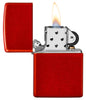 Metallic Red Matte Windproof Lighter with its lid open and lit
