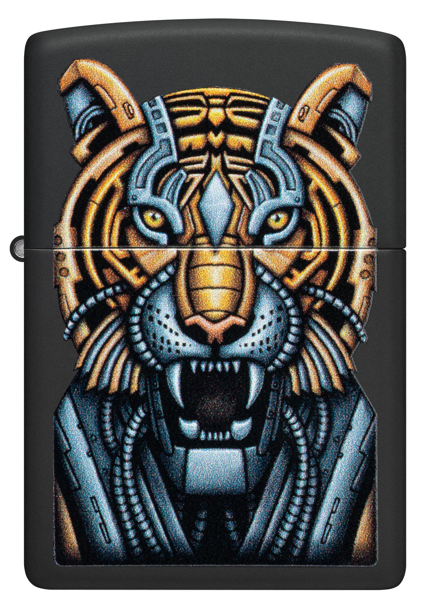 Front of Zippo Bionic Tiger Design Black Matte Windproof Lighter.