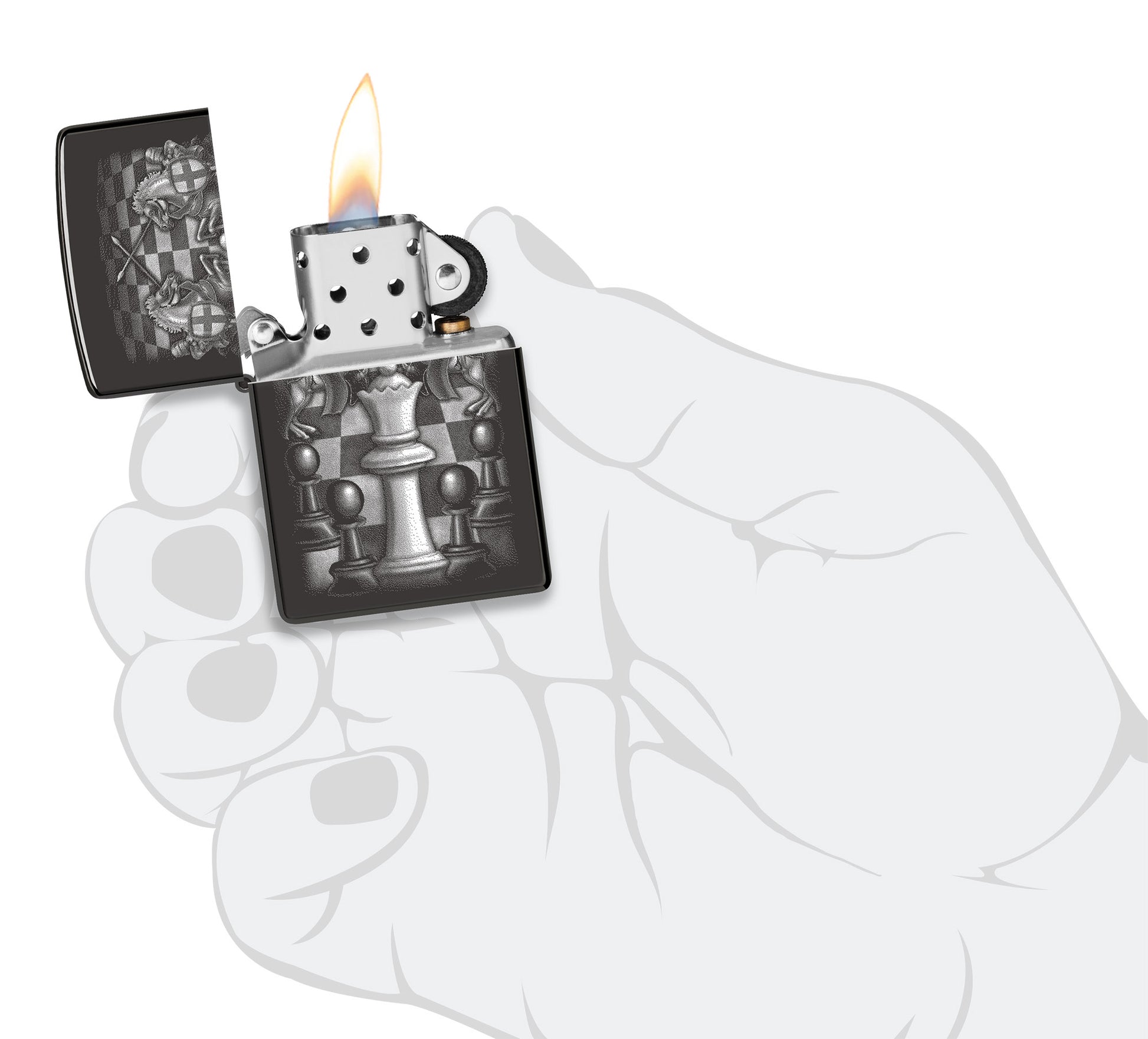 Zippo Chess Design High Polish Black Windproof Lighter lit in hand.