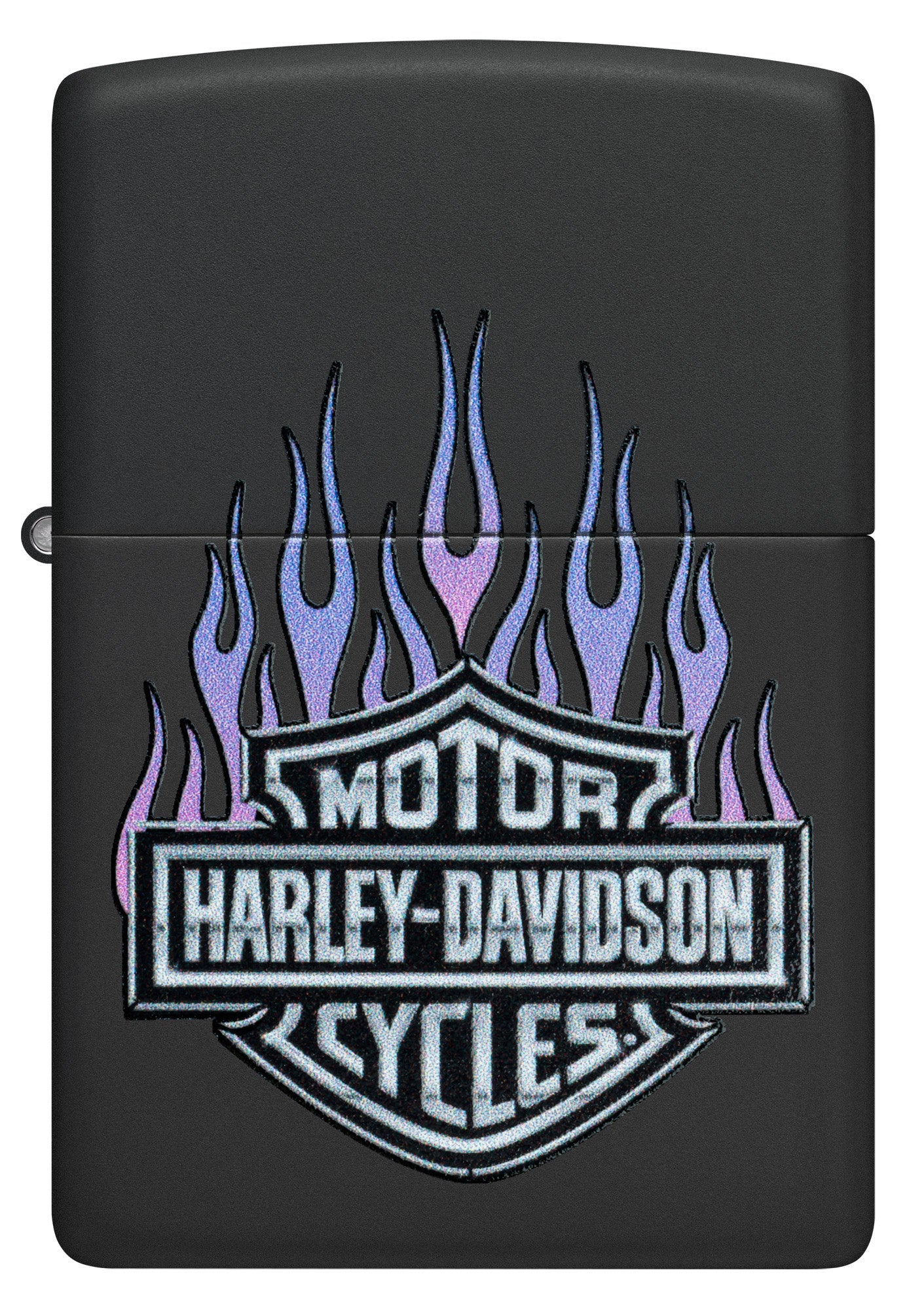 Front view of Zippo Harley DavidsonÂ® Flames Black Matte Windproof Lighter.