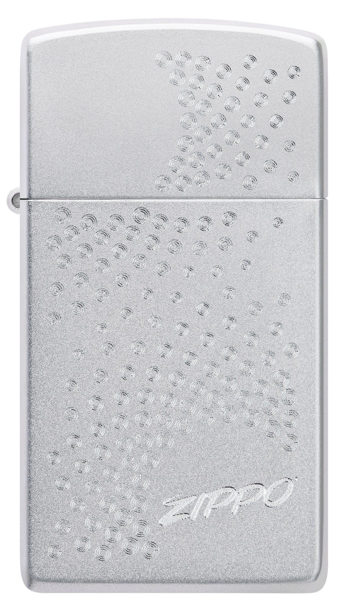 Front view of SlimÂ® Zippo Dot Design Satin Chrome Windproof Lighter.