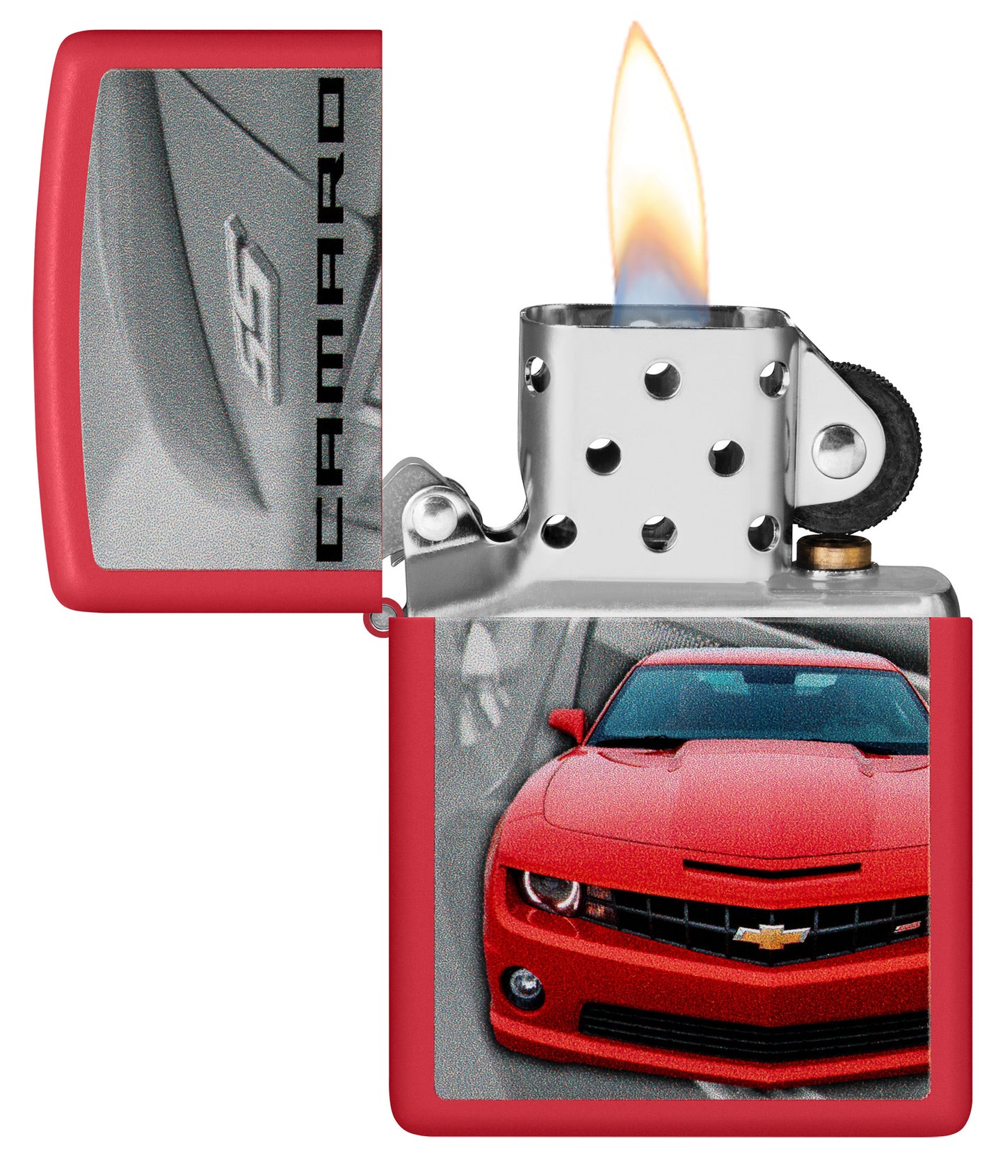 Zippo ChevroletÂ® Camaro Design Red Matte Windproof Lighter with its lid open and lit.