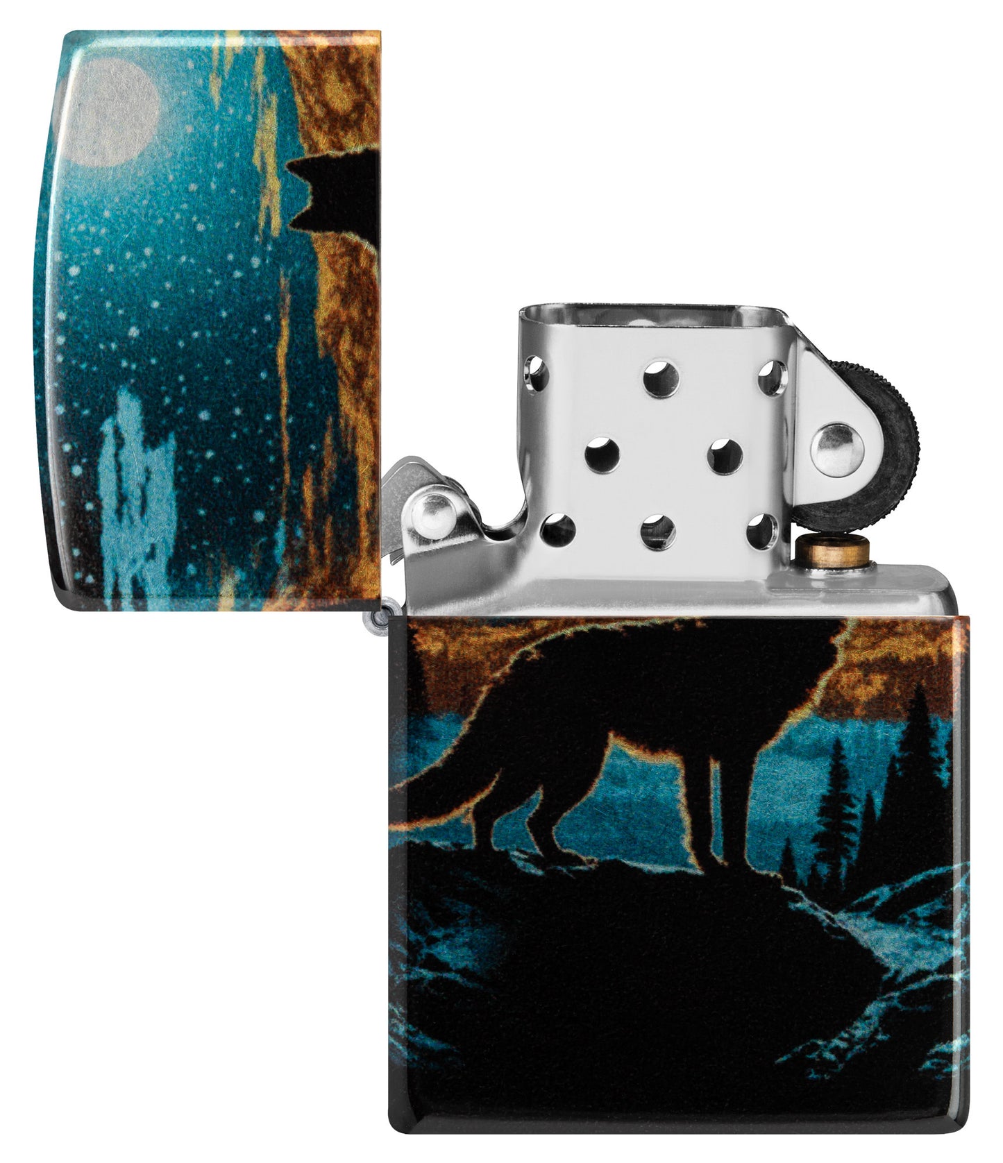 Zippo Moonlight Wolf Design 540 Tumbled Chrome Windproof Lighter with its lid open and unlit.