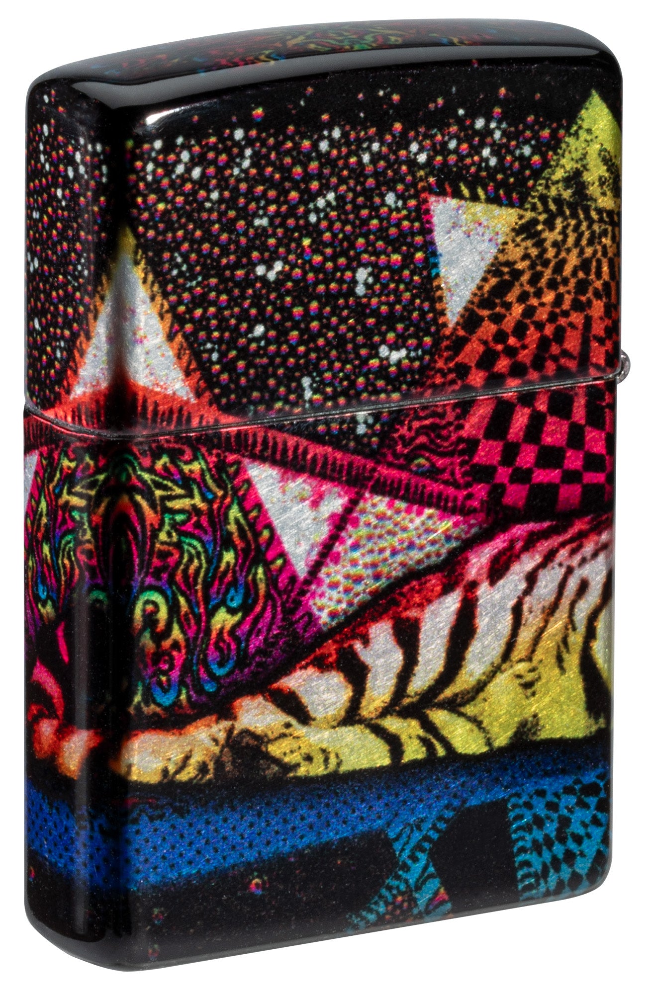 Back shot of Zippo Tiger Glory 540 Tumbled Chrome Windproof Lighter standing at a 3/4 angle.