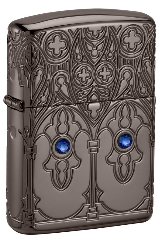Front shot of Zippo Gothic Window Design ArmorÂ® Black IceÂ® Windproof Lighter standing at a 3/4 angle.