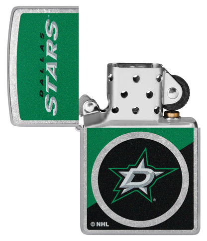 Zippo NHL® Dallas Stars® 2024 Street Chrome™ Windproof Lighter lit in hand.