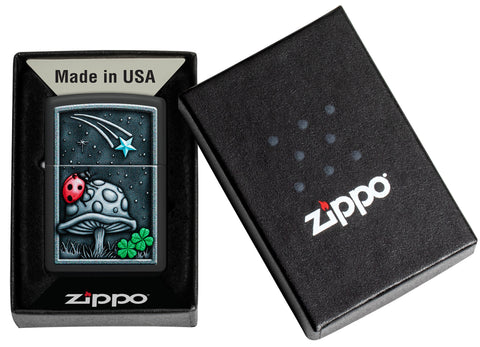 Zippo Ladybug Design Black Matte Windproof Lighter in its packaging.