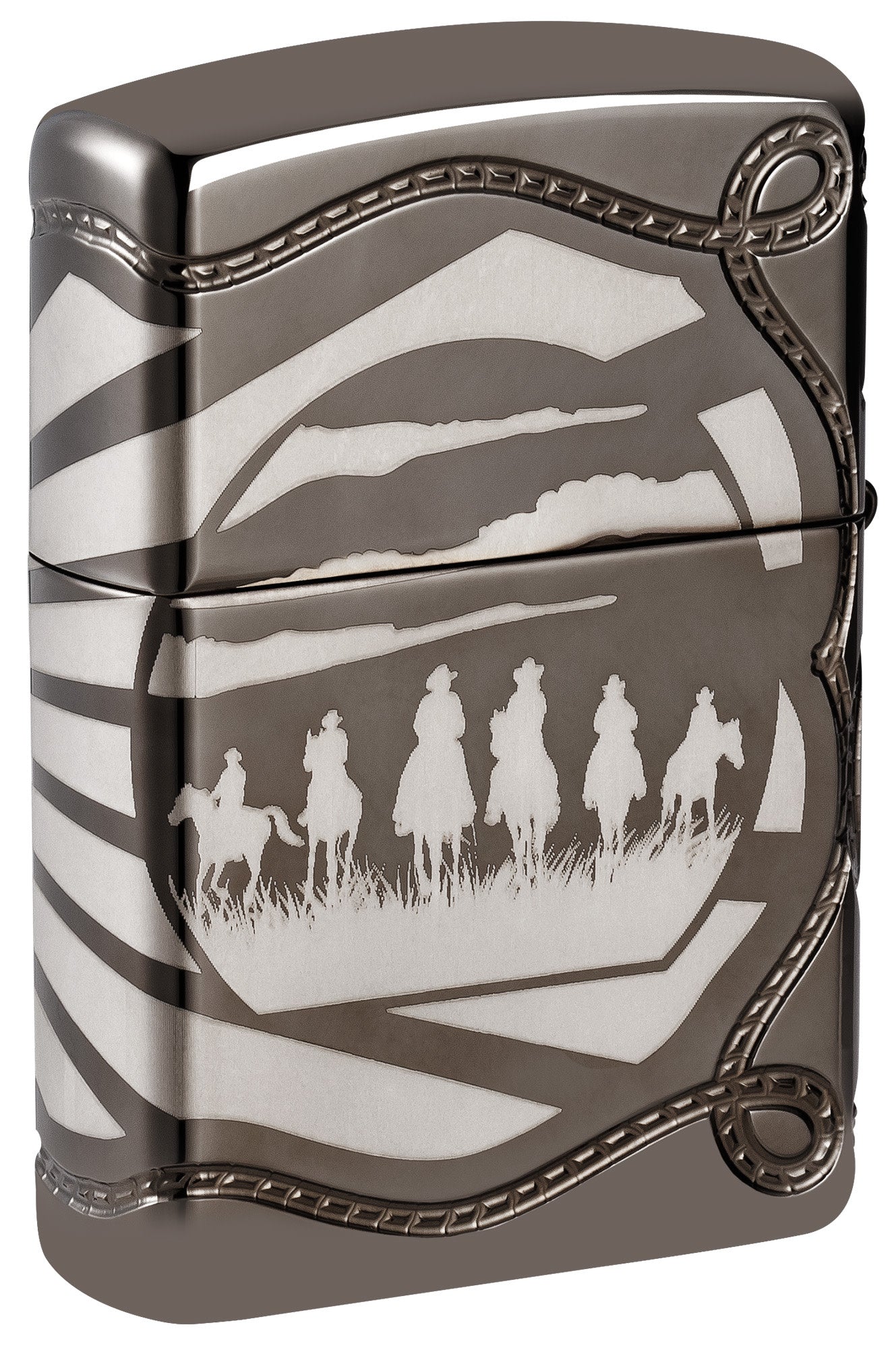 Back shot of Zippo Skeleton Cowboy Design ArmorÂ® Black Ice Windproof Lighter standing at a 3/4 angle.