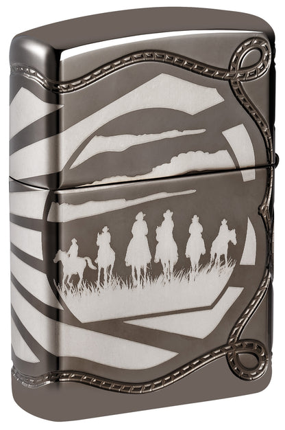 Back shot of Zippo Skeleton Cowboy Design ArmorÂ® Black Ice Windproof Lighter standing at a 3/4 angle.