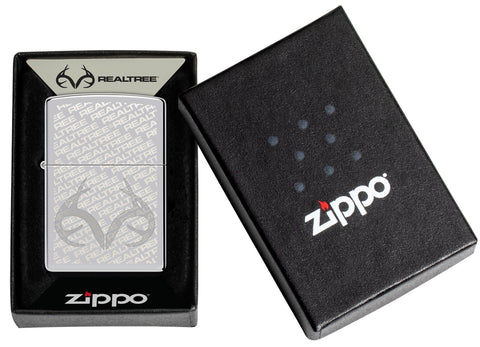 Zippo RealTree High Polish Chrome Windproof Lighter in its packaging.