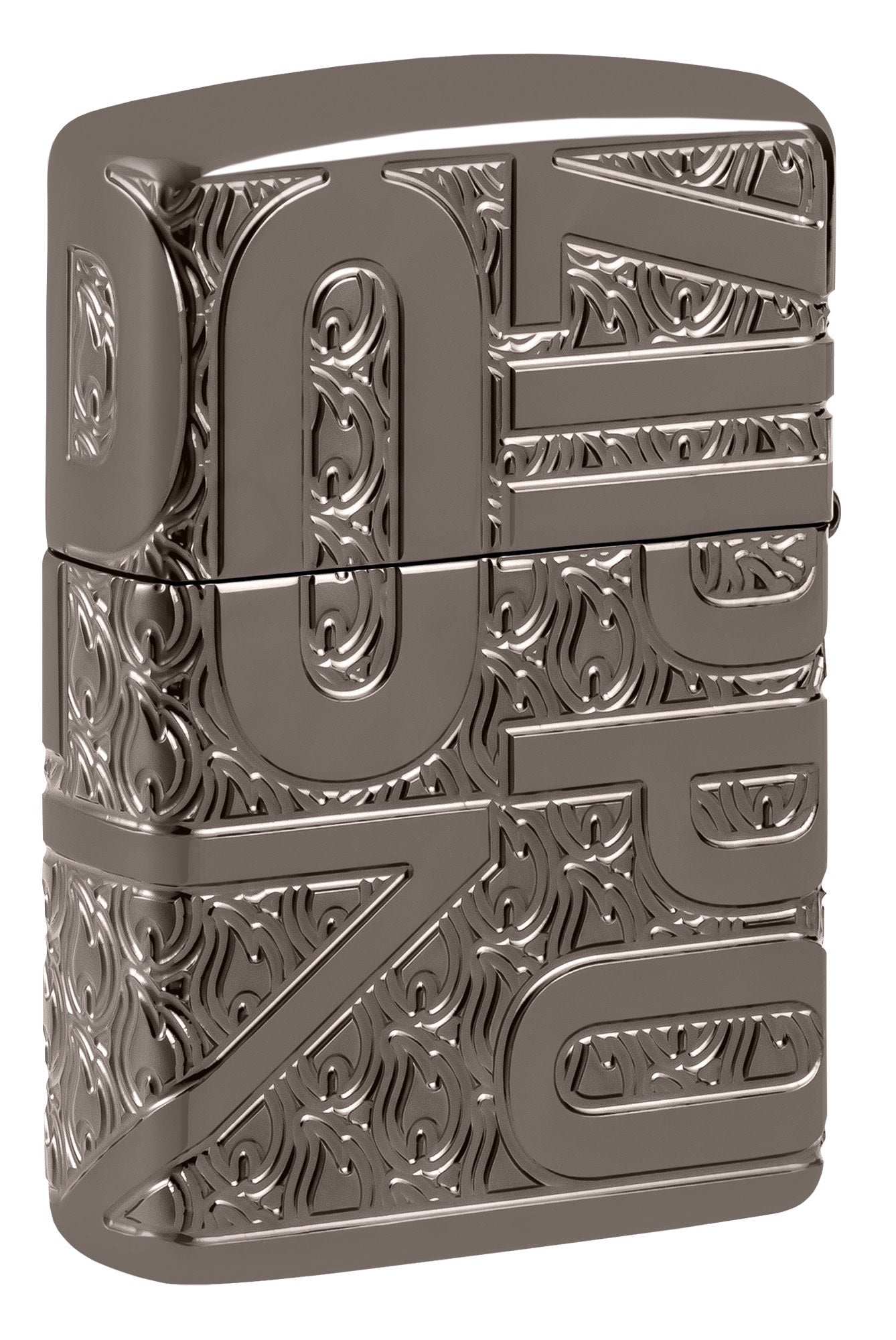 Back shot of Zippo Reverse Carve Zippo Design ArmorÂ® Black IceÂ® Windproof Lighter standing at a 3/4 angle.