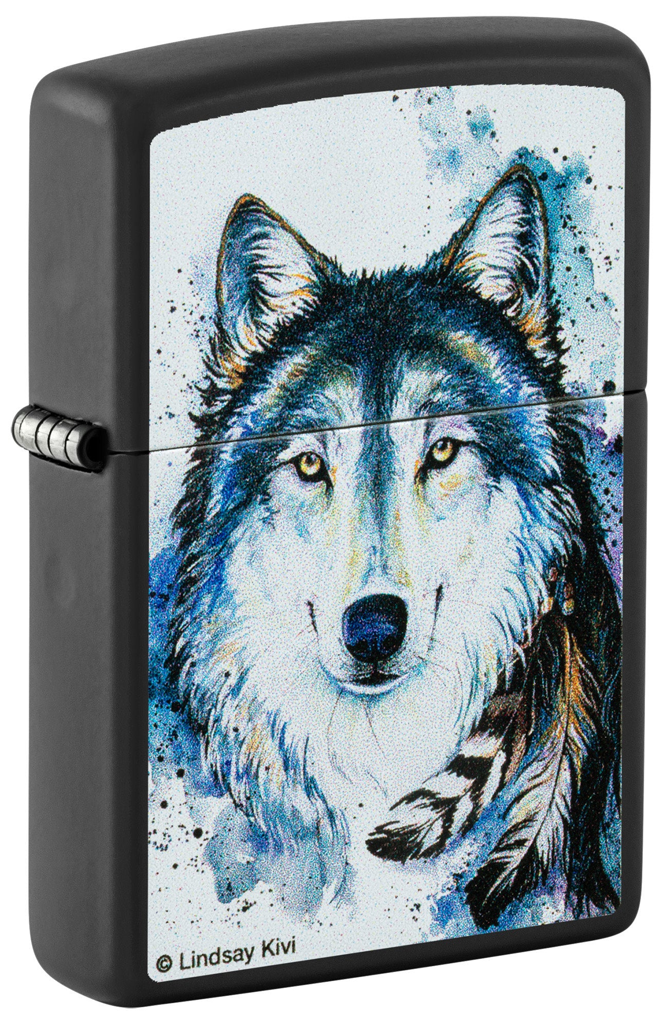 Front view of Zippo Lindsay Kivi Black Matte Windproof Lighter standing at a 3/4 angle.
