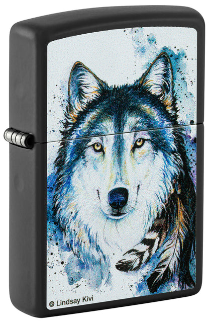 Front view of Zippo Lindsay Kivi Black Matte Windproof Lighter standing at a 3/4 angle.