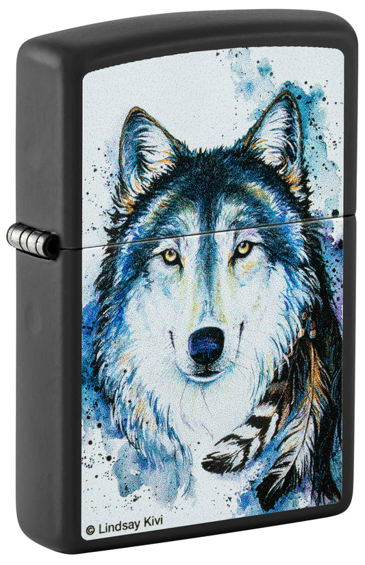 Front view of Zippo Lindsay Kivi Black Matte Windproof Lighter standing at a 3/4 angle.