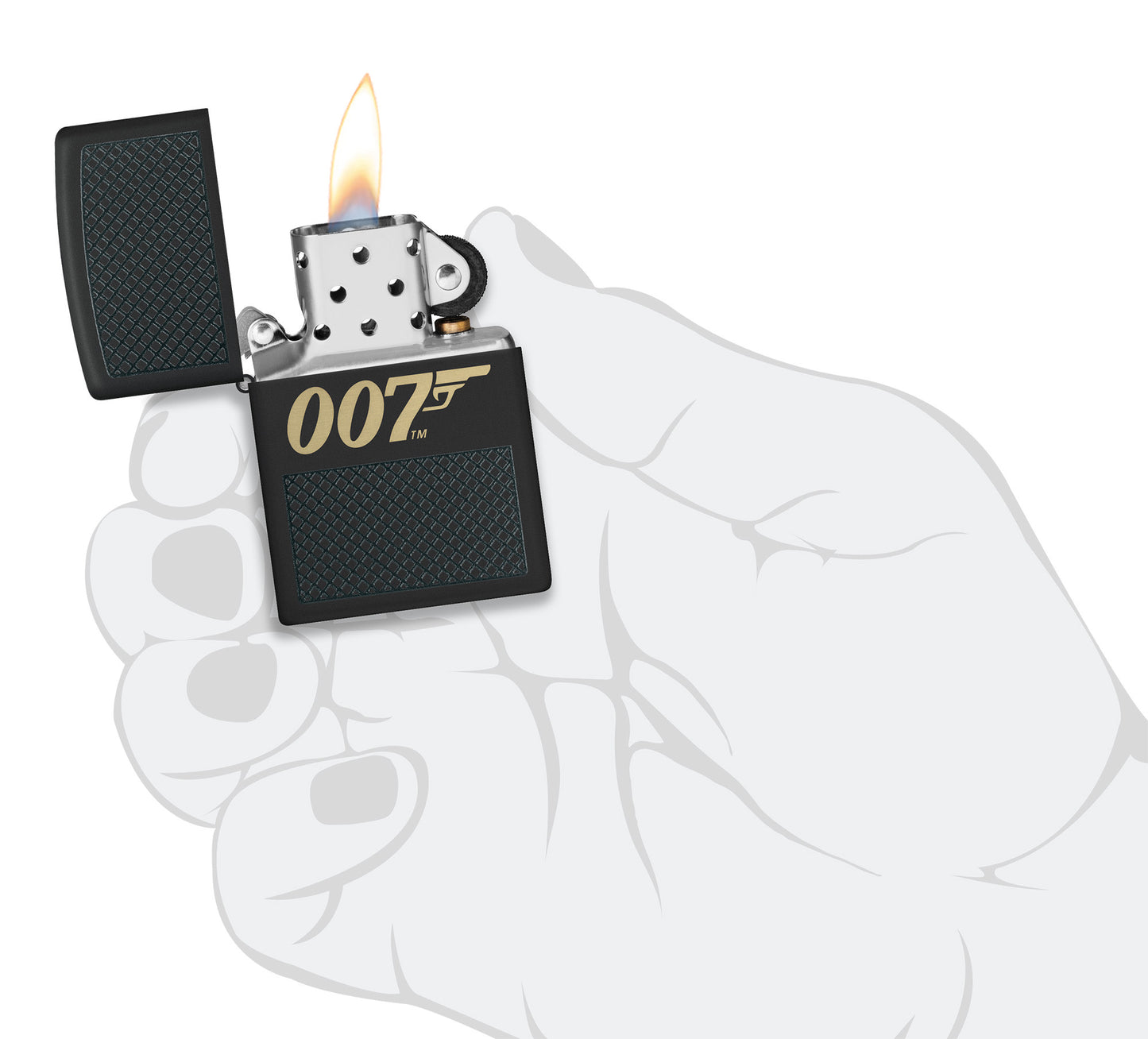 Zippo James Bond 007™ Design Black Matte Windproof Lighter lit in hand.
