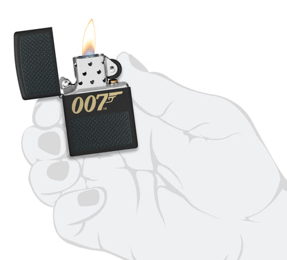 Zippo James Bond 007™ Design Black Matte Windproof Lighter lit in hand.