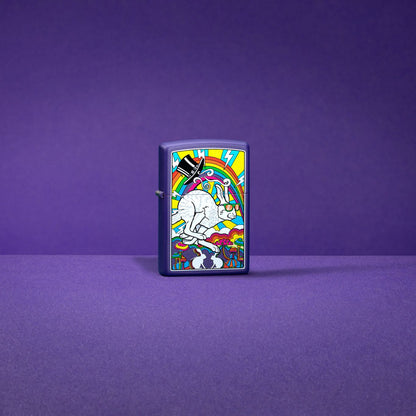 Lifestyle image of White Rabbit Design Purple Matte Windproof Lighter standing in a purple scene.