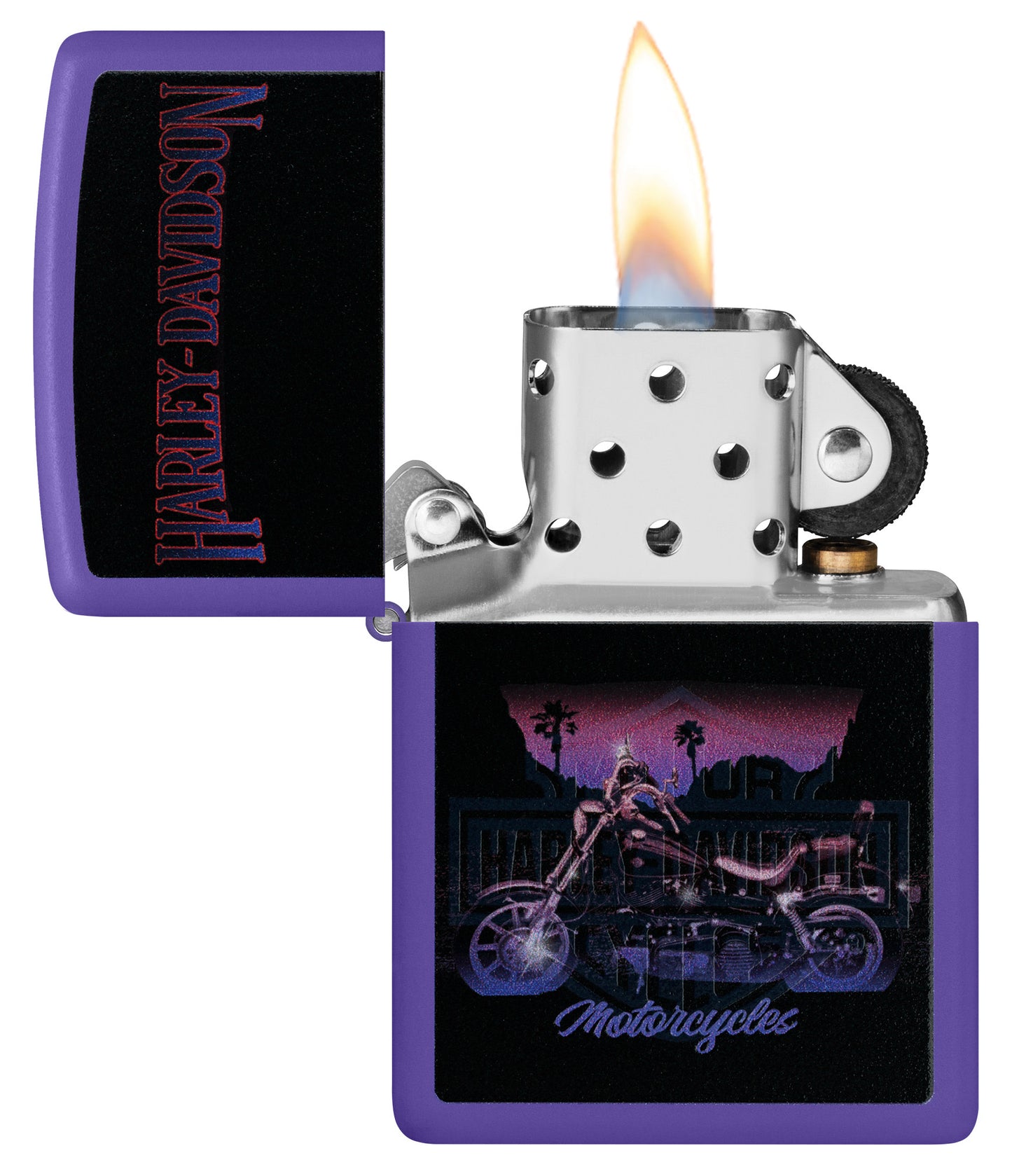Zippo Harley DavidsonÂ® Black Light Purple Matte Windproof Lighter with its lid open and lit.