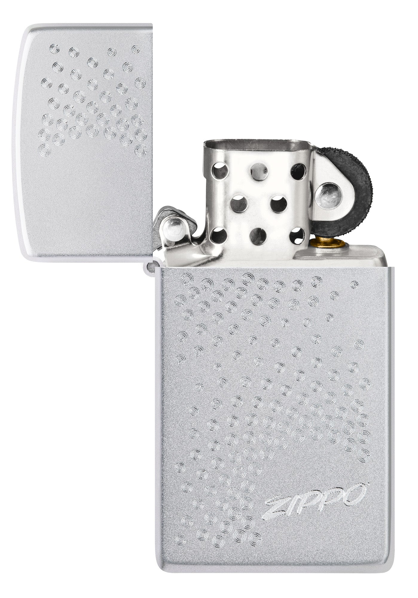 SlimÂ® Zippo Dot Design Satin Chrome Windproof Lighter with its lid open and unlit.
