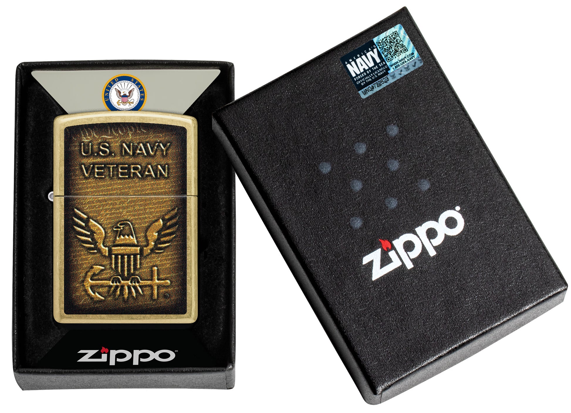 Zippo United States NavyÂ® Street Brass Windproof Lighter in its packaging.