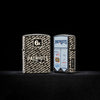 Lifestyle image of two Zippo NFL New England Patriots Super Bowl Commemorative Armor Black Ice Windproof Lighters with a black background.