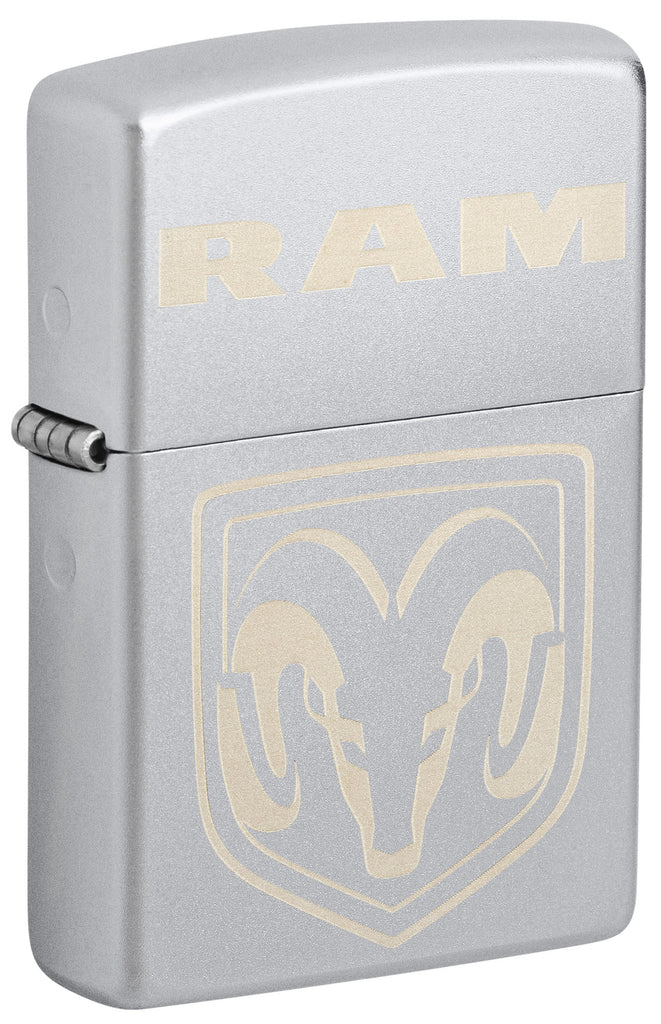 Front shot of Zippo RAM Satin Chrome Windproof Lighter standing at a 3/4 angle.