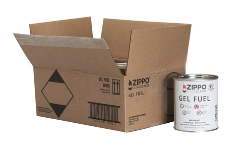 Image of the Zippo FlameScapes™ Gel Fuel can standing next to thje opened box the fuel comes in.
