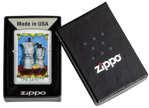 Zippo Coffee Sanity Street Chrome Windproof Lighter in its packaging.