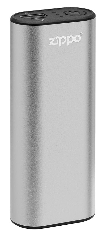 Silver HeatBankÂ® 6 Rechargeable Hand Warmer standing at a slight angle