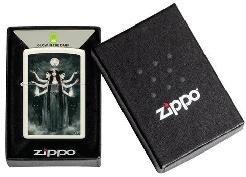 Zippo Victoria Frances Glow in the Dark Green Matte Windproof Lighter in its packaging.