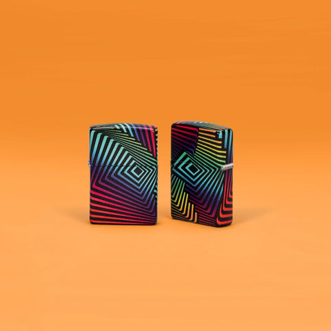 Lifestyle image of Zippo Rainbow Pattern Design 540 Color Windproof Lighters standing in an orange scene.