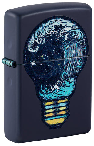 Front shot of Zippo Black Light Toxic Waves Design Navy Matte Windproof Lighter standing at a 3/4 angle.